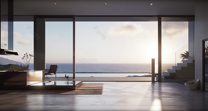 极简家庭展示客厅和露台与宁静的日落海景,高清,摄影图,摄影图片,图片大全,摄影图免费下载